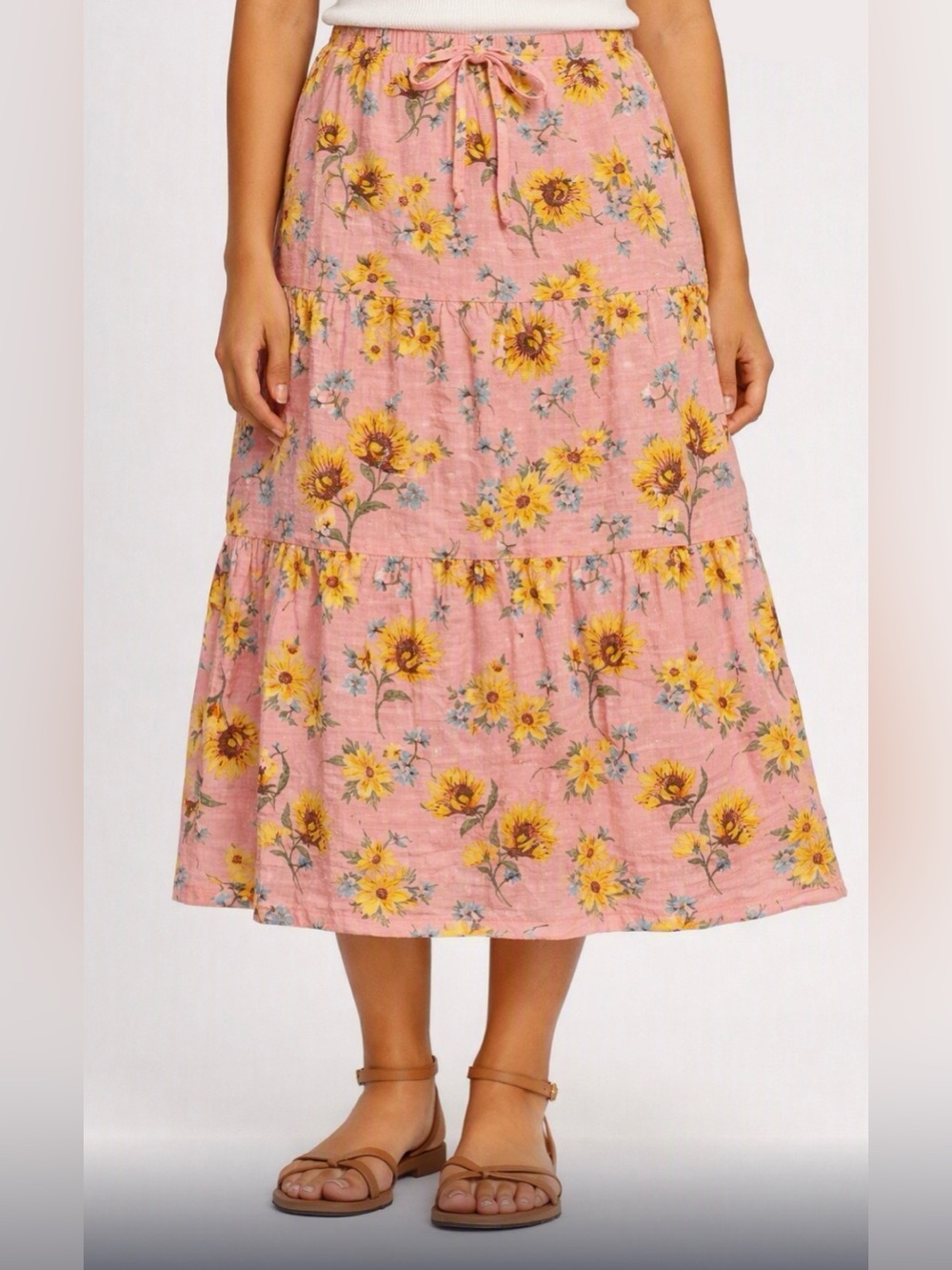 Old Navy Girls Floral Tiered Midi Skirt Pink Sunflower Size XL (14-16)